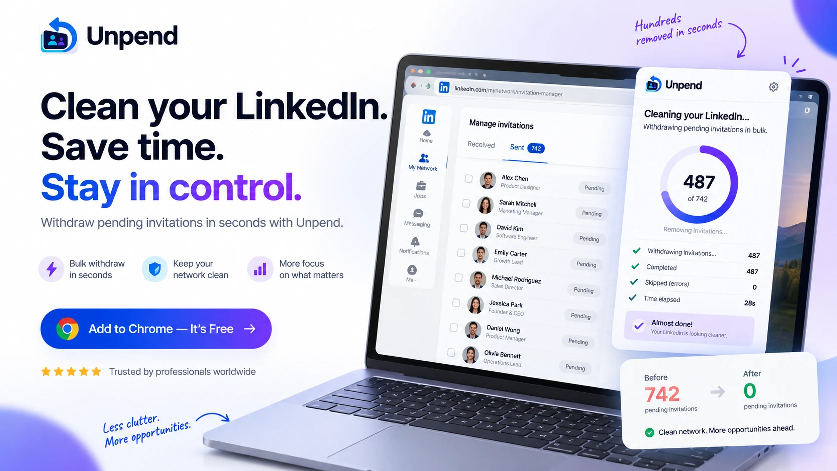 Unpend: clean your LinkedIn, save time, stay in control.