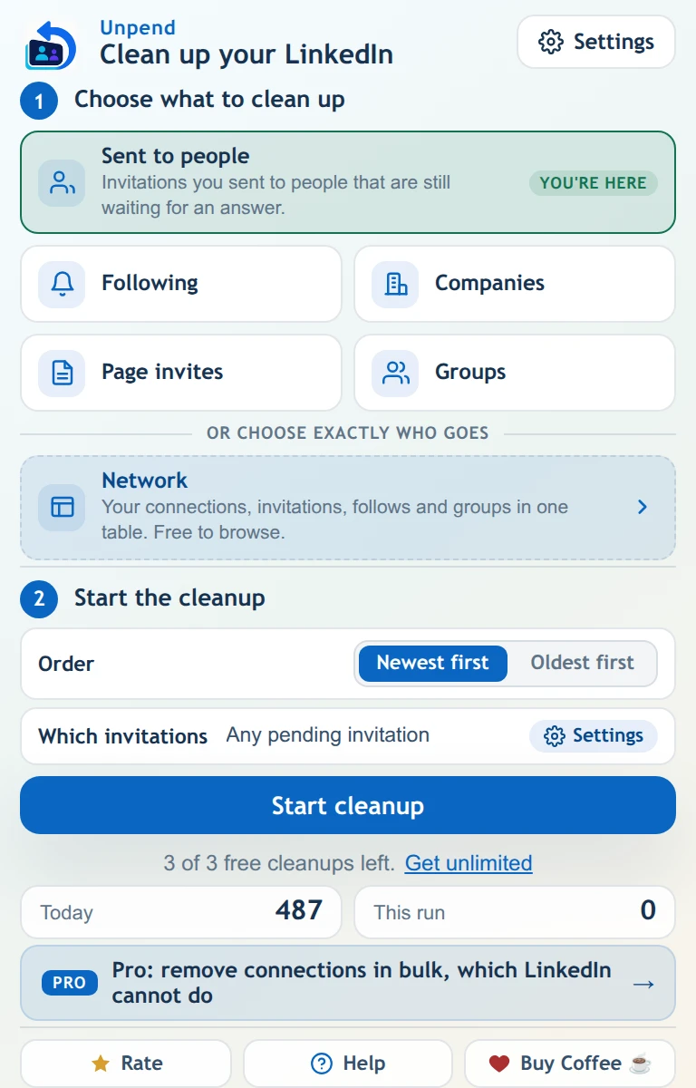 The Unpend popup, showing the list picker, the cleanup rules and the progress counter.